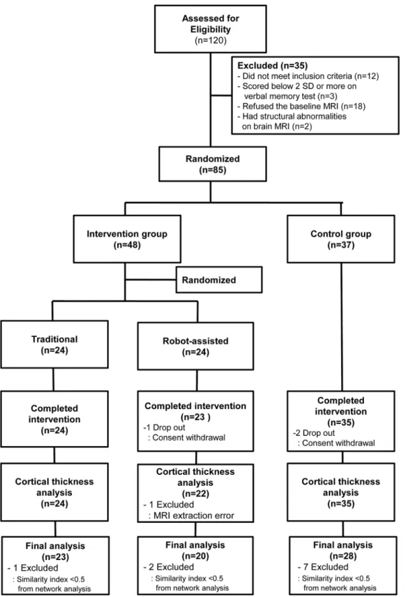 Fig 1. Flow of participants in this study. The similarity index was defined as follows:similarity index = 2 * nnz(A and B)/(nnz(A) + nnz(B)) where A and B are the baseline and post-intervention connectivity from binary matrices, respectively and nnz refers
