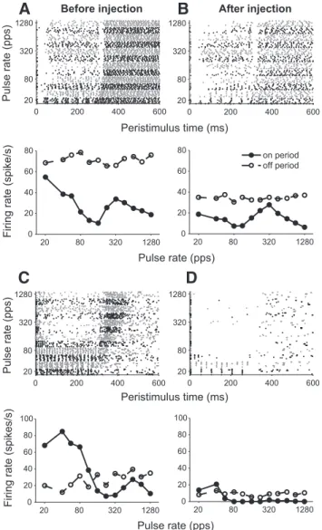Figure 6. Effect of barbiturate in two single units from rabbit IC. A–B, Unit with high spon- spon-taneous rate and suppressive responses to pulse trains