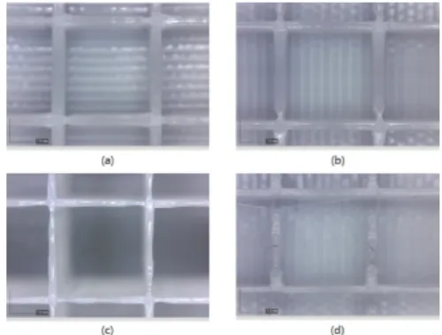 Fig.  6.  Results  from  multi-layered  single  line  tests  at 210 ℃ with (a) 40 mm/s, (b) 80 mm/s, (c)  120  mm/s  and  (d)  160  mm/s,  respectively
