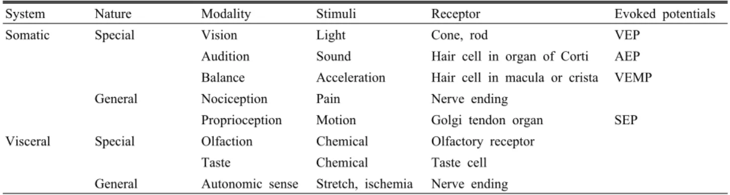 Table 1. Sensory systems and evoked potentials