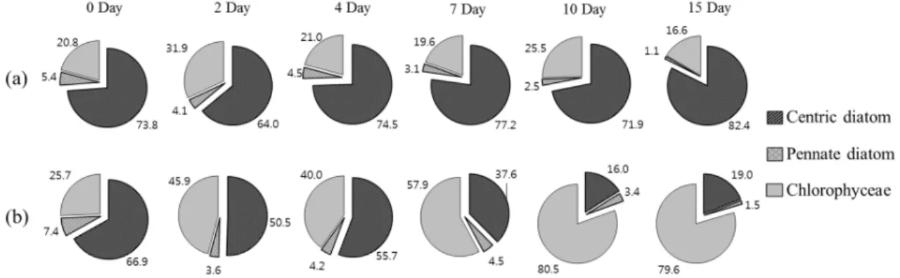 Fig. 5. Composition (%) of groups of centric diatom, pennate diatom and chlorophyceae in control (a) and treatment  (b) microcosms during the experiment.