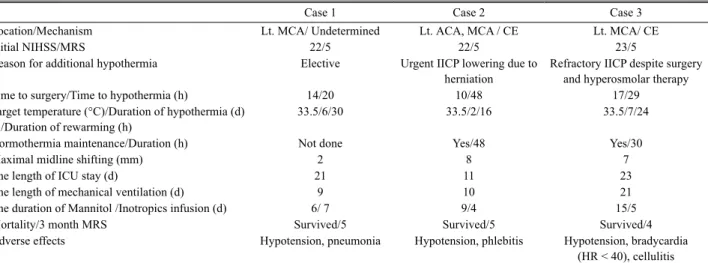 Table 1. Characteristics and outcomes of the three patients underwent decompressive hemicraniectomy followed by moderate hypothermia
