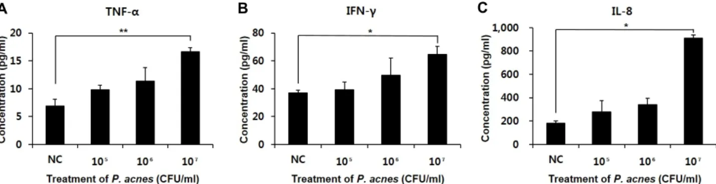 Fig.  2.  Expression  of  the  inflammatory  cytokines  from  HaCaT  cells  that  were  treated  with  P