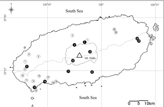 Fig.  1.  Study  site  map.  Circles  indicate  the  survey  sites  of  lava  tubes  (LT),  sea  caves  (SC),  cave  enforcements  (CE)  and  eco-corridors  (EC):  1,  Sameuiak  CE;  2,  Seosambong  CE;  3,  Gwangioruem  CE;  4,  Ora-bridge  EC;  5,  Guemo