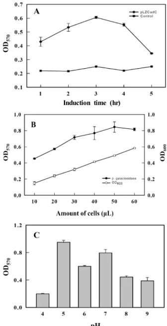 Fig.  2.  Effects  of  induction  time,  cell  number  and  pH  on  the  activity  of  the  biosensor