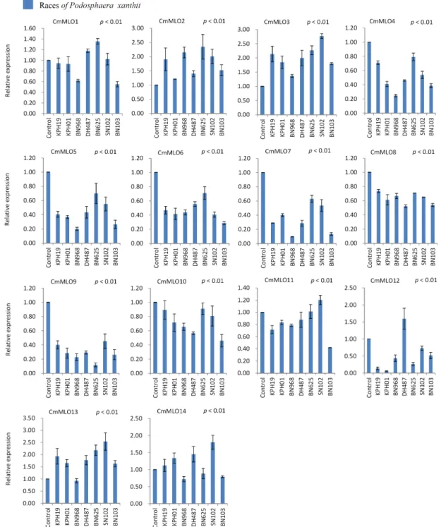 Fig.  3.  Real-time  quantitative  PCR  relative  expression  analysis  of  CmMLO  genes  after  infection  with  seven  races  of  Powdery  mildew  fungus  Podosphaera  xanthii  in  C