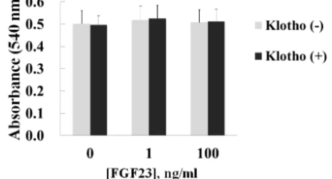 Fig.  1.  Effect  of  FGF23  and/or  Klotho  on  the  proliferation  of  D1  cells.  Cells  were  cultured  in  osteogenic  medium   con-taining  different  concentrations  of  FGF23  in  the  presence  or  absence  of  50  ng/ml  Klotho