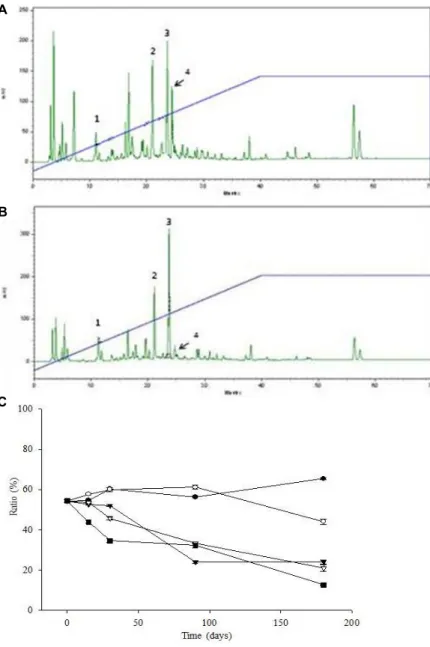Fig.  3.  HPLC  of  Samul-tang  decoction  under  the  storage  temperatures  and  times