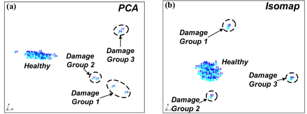 Fig.  3  Classification  results  for  the  dual  damages  group:  (a)  PCA  result  and  (b)  Isomap  simulation.