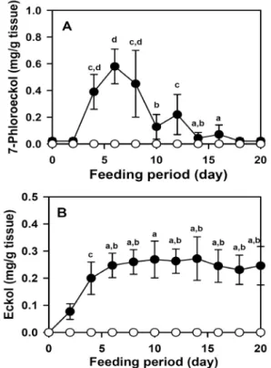 Fig.  2.  Accumulation  of  7-phloroeckol  (A)  and  eckol  (B)  in  ab- ab-alone  flesh  after  feeding  with  E