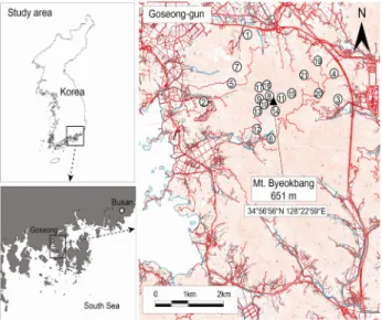 Fig.  1.  The  location  map  of  survey  plots  in  the  Mt.  Byeokbang.식재림,  삼나무식재림 등이 기재되고 있으며,  수관하층의 출 현종을 고려하였을 때 지역의 잠재자연식생인 상록활엽수림 식생으로의 천이가 예측된 바 있다[13,  15]