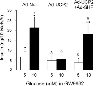 Figure 6 Effect of a PPAR antagonist GW9662 on GSIS from islets infected with Ad-Null, Ad-UCP2 or Ad-UCP2+Ad-SHP