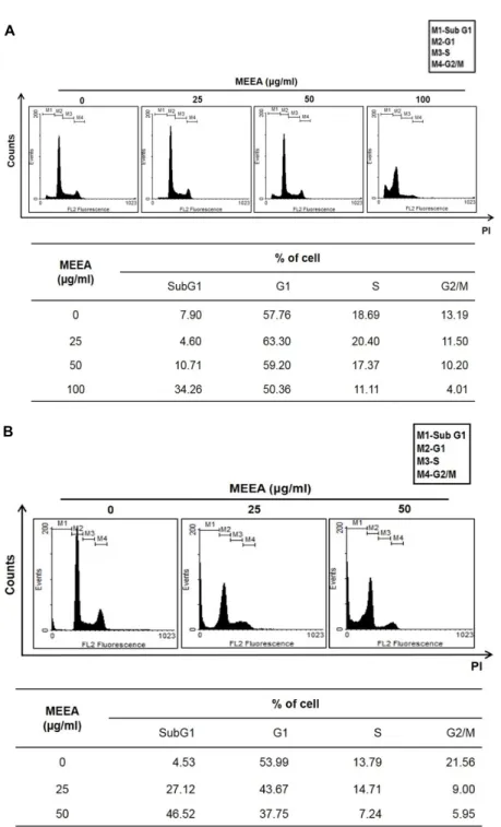 Fig.  2.  Induction  of  SubG1  accumulation  in  MEEA-treated  A549  and  HepG2.  Cells  were  treated  with  MEEA  (25,  50  and  100  μg/ml)  for  48  hr,  stained  with   pro-pidium  iodide  and  analyzed  by  flow  cytometry