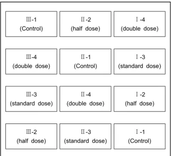 Fig.  1.  Test  area  layout  for  cultivation  of  altari  radish  and  lettuce.  12  testing  areas  are  divided  to  4  sections  for  cultivation  of  altari  radish  and  another  12  areas  were  tested  for  lettuce