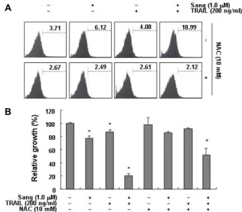 Fig. 4. Effects of sanguinarine and TRAIL on the phosphor- phosphor-ylation of MAPKs in AGS cells