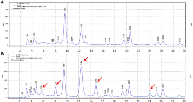 Fig. 1. High performance liquid chromatography of citrus peel extracts. (A) Ethyl acetate extract of citrus peel, (B) Ethyl acetate extract of citrus peel fermented with A 