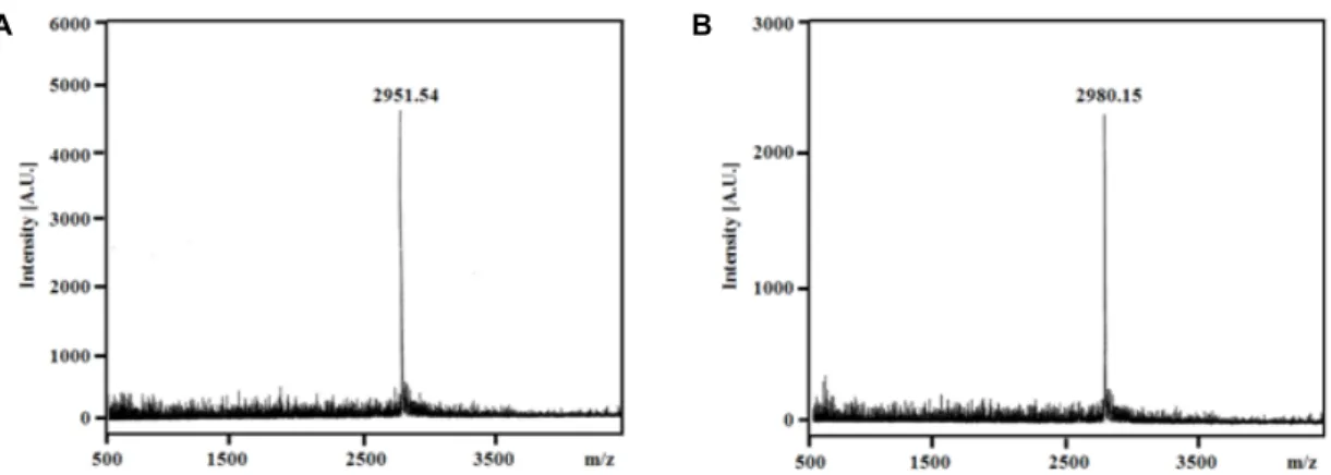 Fig. 4. The molecular weight of the PAP-I (A) and PAP-II (B) were determined using an MALDI-TOF mass spectrometer equipped with a pulsed smart beam II in linear mode
