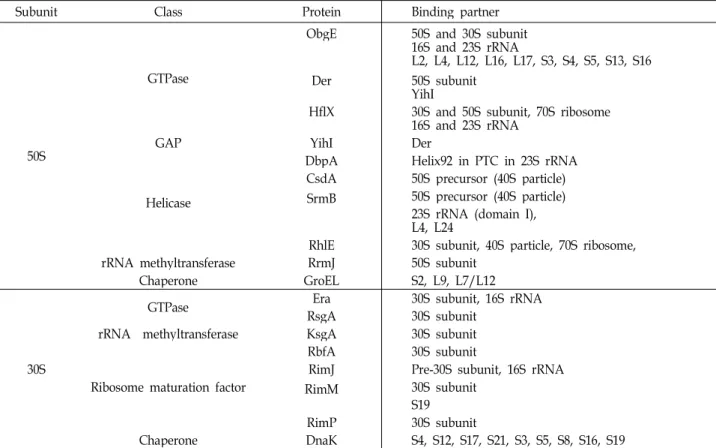 Table 1. Non-ribosomal assembly factors in Escherichia coli