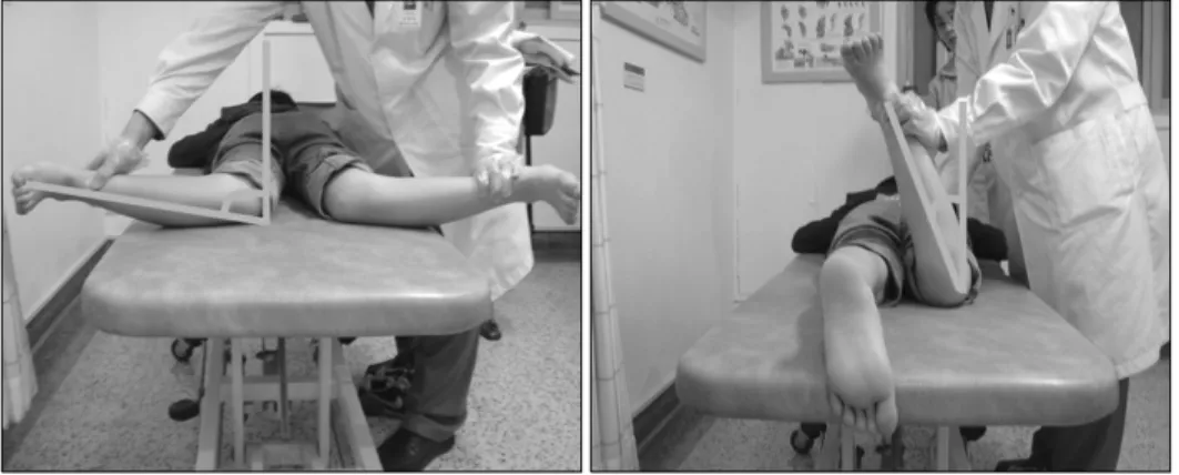 Fig. 1.  Hip  internal  and  external  rotation  which  measures  angles  between  tibia  and  the  vertical  line  of  the  table