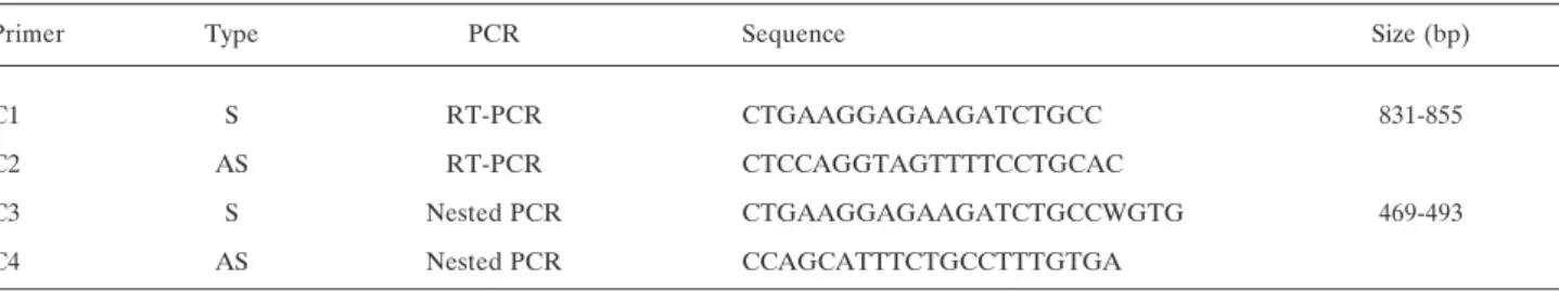 Table IV. Expression of MAGE A1-A6 genes detected by nested RT-PCR with common primer in squamous cell carcinoma of the head and neck.