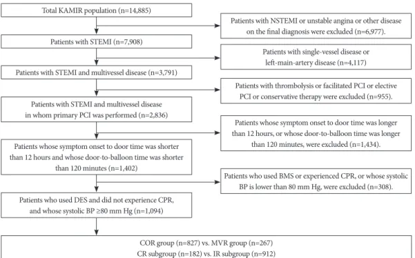 Fig. 1. Flowchart of patients who participated in the study. KAMIR: Korean Acute Myocardial Infarction Registry, NSTEMI: non-ST-elevation  myocardial infarction, STEMI: ST-elevation myocardial infarction, PCI: percutaneous coronary intervention, BMS: bare-
