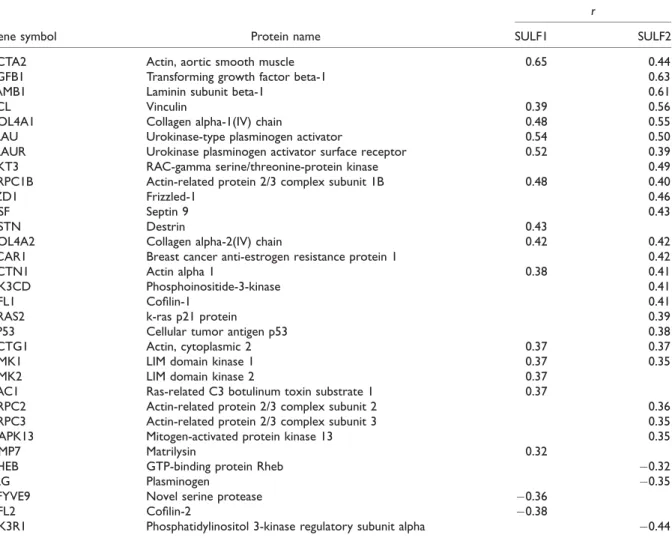TABLE 3. List of Cytoskeleton Remodeling, Wnt, TGFB Pathway-Associated Genes Correlated with SULF1 or SULF2 Expression