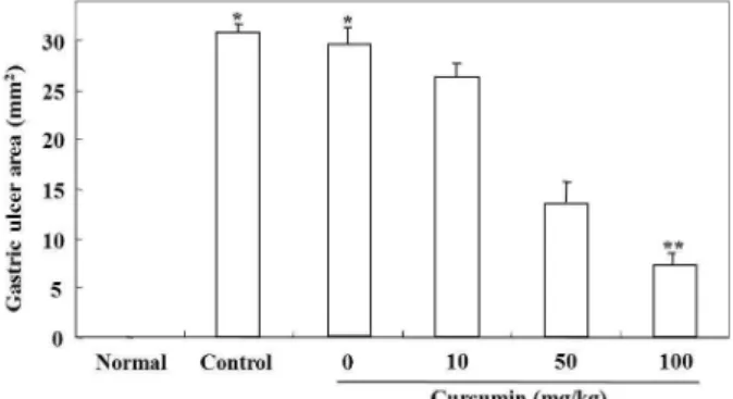 Fig. 1. Curcumin shows the curative effect against in- in-domethacin-induced gastric mucosal lesions in rats.