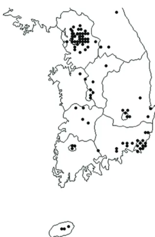 Fig. 1. Location of certified assisted reproductive technology clinics in  Korea, 2008.
