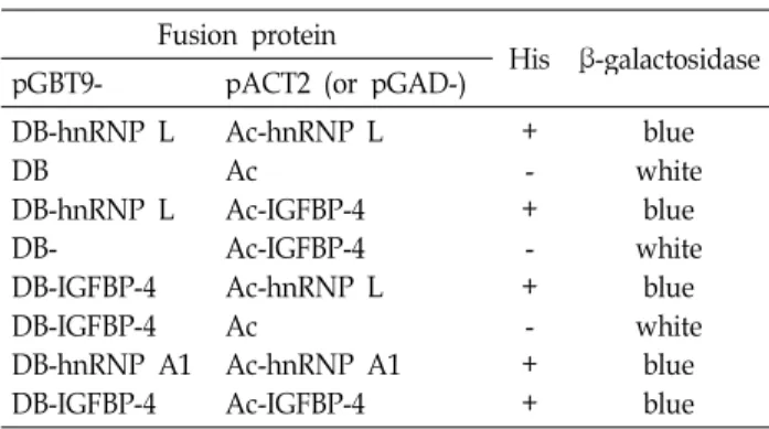 Table 1. Analysis of the two-hybrid interaction between hnRNP L and IGFBP-4