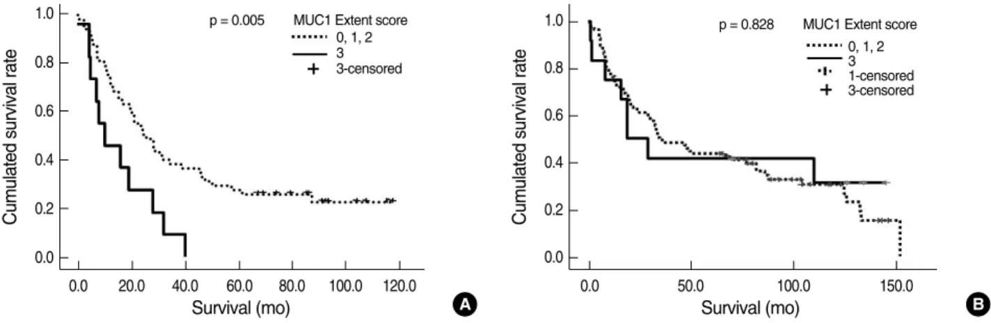 Fig. 3. Kaplan-Meier survival curves for mucin (MUC)1 expression according to non-small cell lung carcinoma (NSCLC) histologic subtype.