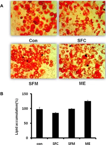Fig. 1. Effect of ME, SFC, SFM on cell viability of in 3T3-L1 adipocytes. 3T3-L1 preadipocytes were maintained with adipocyte-induction media for 9 days and treated with ME, SFC, SFM from Cinnamomun verum (10, 50, 100 μ g/ml) every 2 days