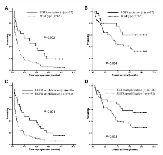 Fig. 1. TTP and OS according to EGFR gene mutation (A and B) and gene amplification (C and D) in patients treated with erlotinib.