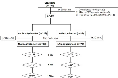 Figure  1.  Schematic  diagram  of  enrolled  patients.  ADV,  adefovir  dipivoxil;  ETV,  ente- ente-cavir;  HCC,  hepatocellular  carcinoma;  LAM,  lamivudine.