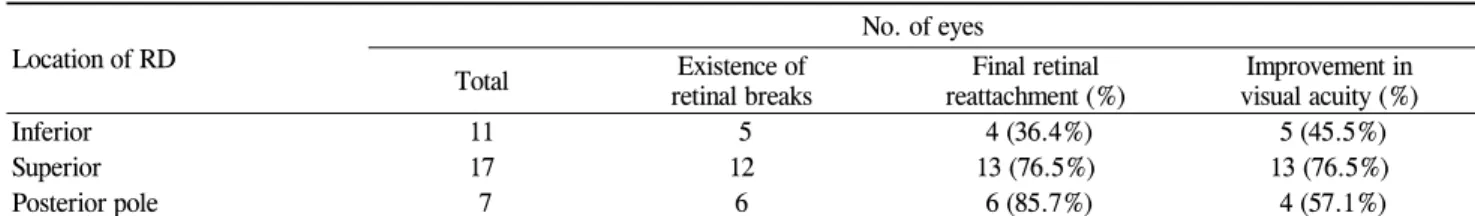 Table 3. The retinal state at the time of first injection and the final outcomes following fluid-gas exchange (N=35)