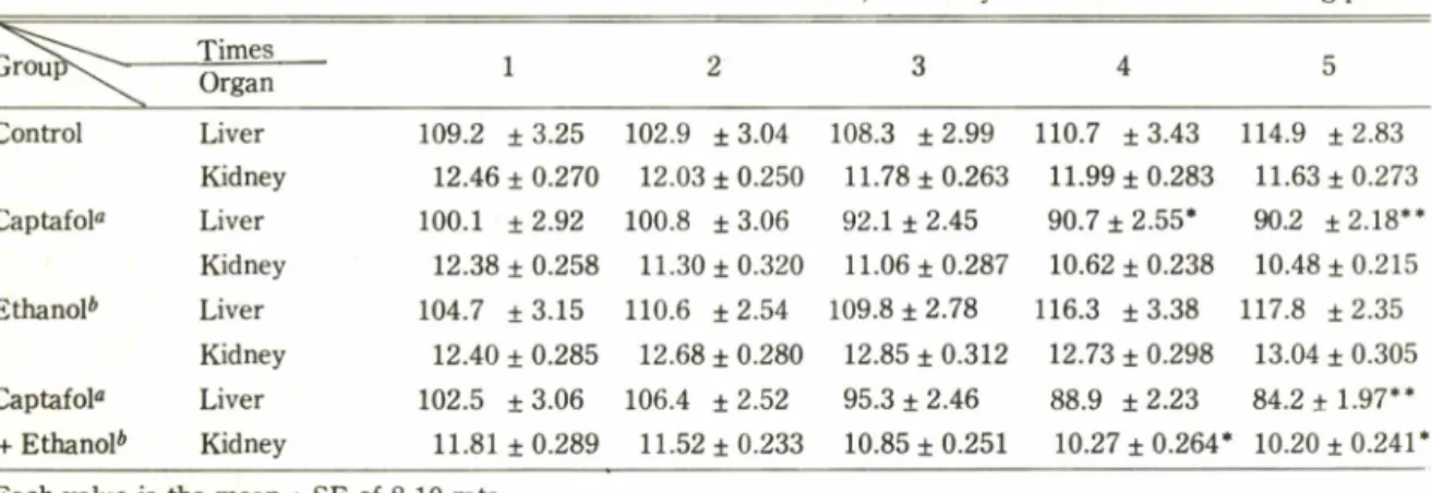 Table VI — Effects of captafol and ethanol on concentrations of hepatic and renal microsomal protein in rats