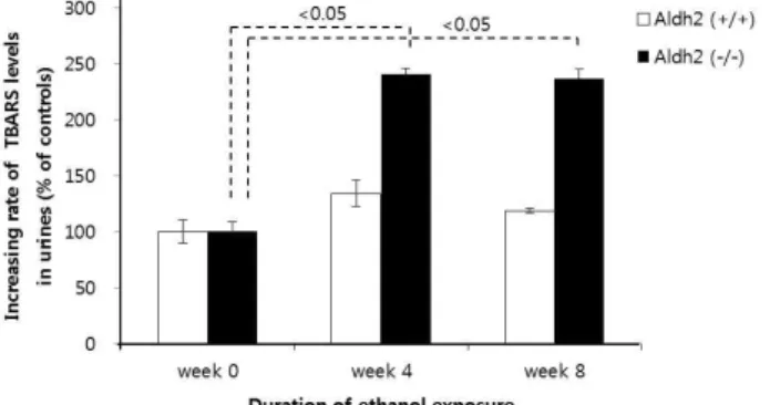 Fig. 1. The level of TBARS in brain of mice treated with saline or ethanol for 8 weeks.