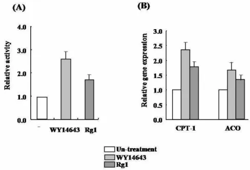 Fig. 5. The effect of Rg1 on PPARα activation. (A) The PPARα ligand-binding activity was measured using a GAL4/PPARα chimera assay in Rg1-treated cells