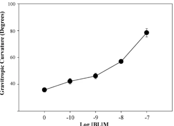 Fig. 2. Gravitropic response on the roots of wild type (Col-0), bri-301, BRI-GFP and bak1