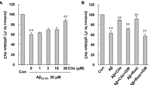 Fig. 1. Cilostazol protects Aβ 25-35 -induced neurotoxicity. (A) Mouse neuronal cells treated with or without cilostazol (Cilo; 1–30 μ M), followed by incubation with 30 μM Aβ 25-35 for 24 hr