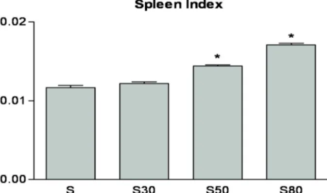 Fig. 1. Spleen index. S: sensitized, S30: 30 min swim trained and sensitized, S50: 50 min swim trained and sensitized, S80: 80 min swim trained and sensitized