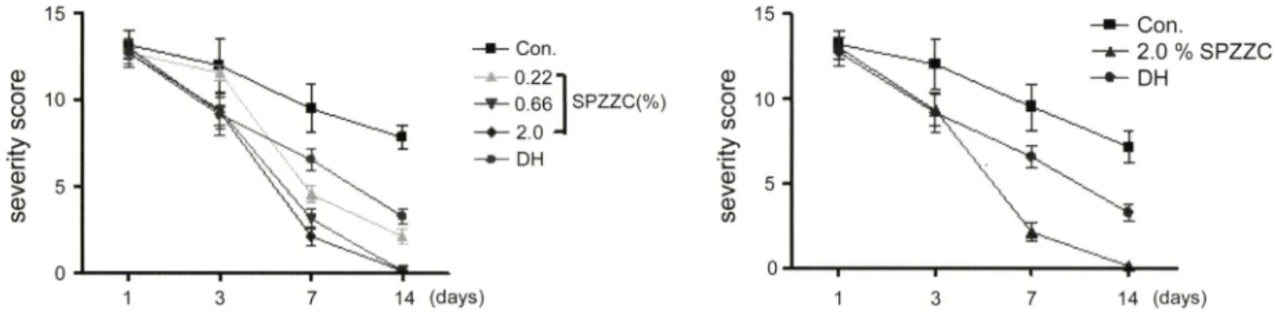 Fig.  3 - Effects  of SPZZC on seventy score of atopic dermatitis in BALB/c mice (n=7--8)