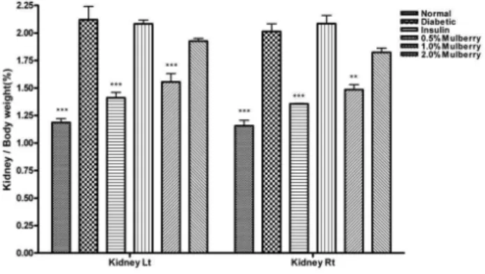 Fig. 3. Water intake level and urine quantity in STZ-induced diabetic rats that were fed mulberry extracts of various mulberry concentrations for 4 weeks