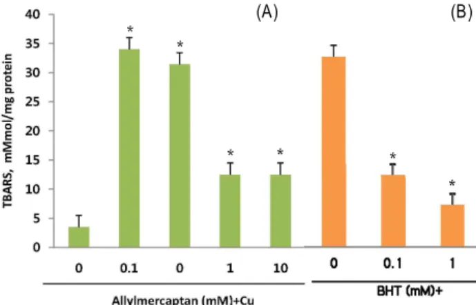 Fig. 1. The effect of allylmercaptan on Cu 2+ -induced LDL oxida- oxida-tion (A) and BHT (B) as control