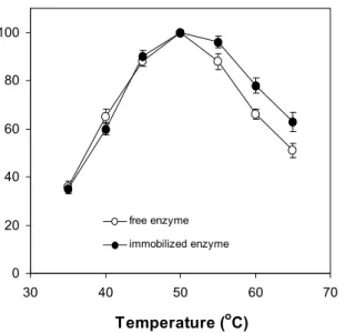 Fig. 4. Effect of temperature on the relative activity of the free and immobilized protease.