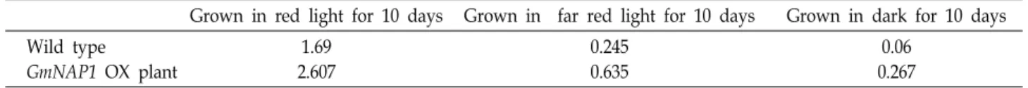 Table    1.  Chlorophyll  contents  of  wild  type  and  GmNAP1  over-expression  Arabidopsis  plant (mg/l)   Grown  in  red  light  for  10  days  Grown  in   far  red  light  for  10  days  Grown  in  dark  for  10  days  Wild  type GmNAP1  OX  plant 1.6