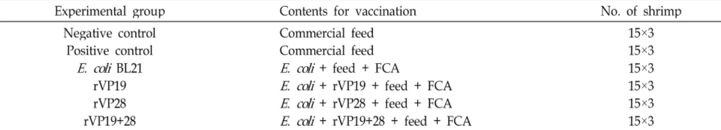 Table 2. Contents of experimental groups used in the challenge tests for vaccination