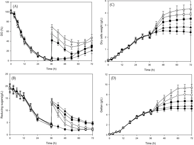 Fig.  4.  Effect  of  feeding  of  the  final  concentration  of  10.0  g/l  glucose  and  shifts  of  agitation  speed  and  aeration  rate  on  dissolved  oxygen  in  the  medium  (A),  reducing  sugars  (B),  cell  growth  (C),  and  the  production  of