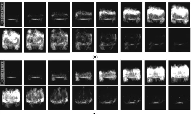 Fig. 7 Flame images [4000frame/sec] of one cycle for Q=205 l/min and T ad=1880 K: (a) XH2=0  (b) XH2=0.5 