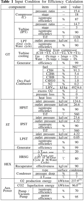 Table 1 Input Condition for Efficiency Calculation