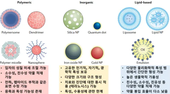 그림  3.  소재에  따른  나노입자  분류  및  주요  특성(고분자(polymeric),  무기물(inorganic),  지질기반(lipid-based)).은 약물을 나노입자 내부에 봉입함으로서 혈액내 순환 시간 증가와 표적 기관 전달 효율 향상을 기대할 수 있기 때문이다